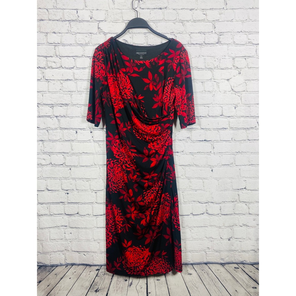 Connected Apparel Dress Womens 10 Red Black Floral Faux Wrap Sheath Excellent
